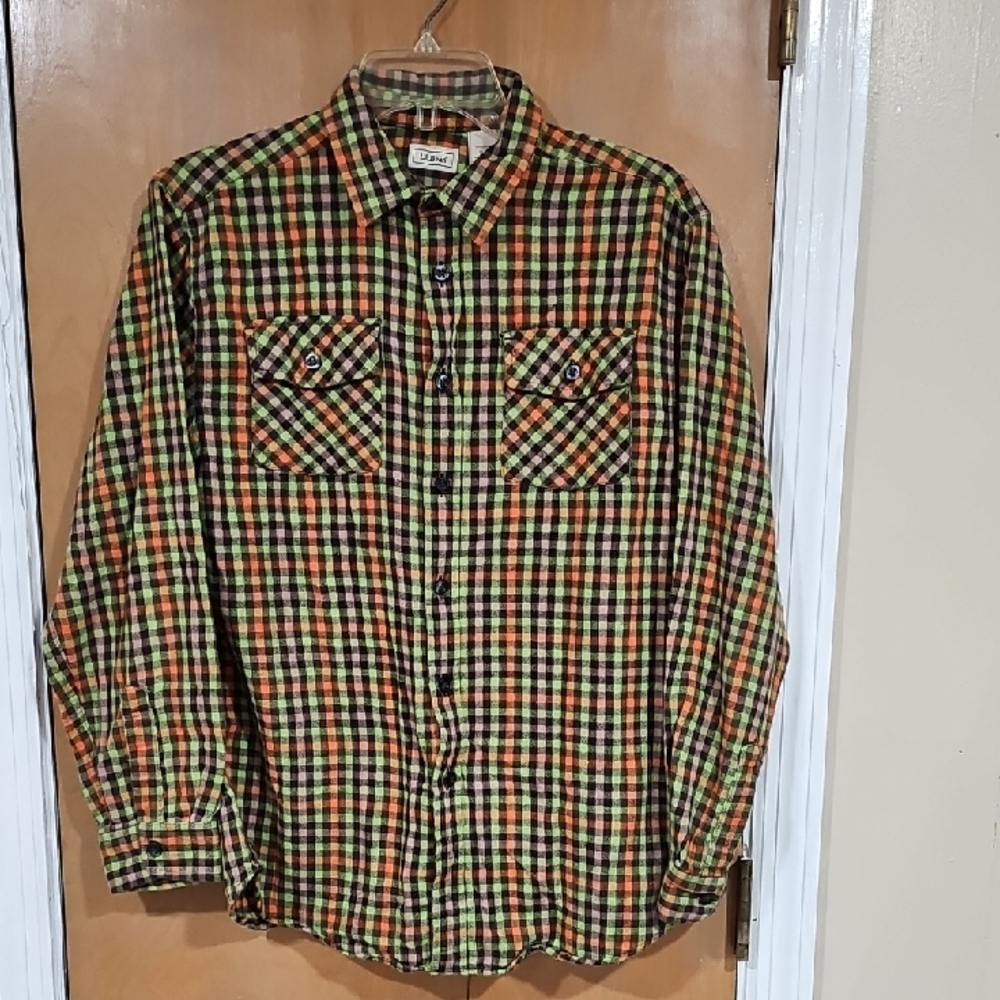 L.L. Bean Men's Green and Orange Plaid Button Down Shirt